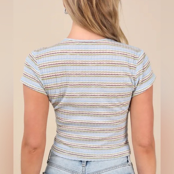Lulus Emika Light Blue Multi Striped Ribbed Baby Tee NWT Medium - Picture 3 of 4